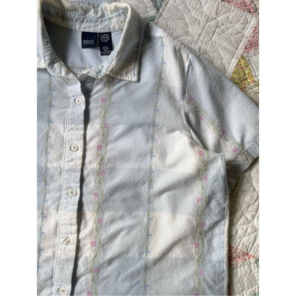 Vintage Floral Embroidered Cotton Blue Check Shirt Blouse Top XL 90s Y2K Cottage